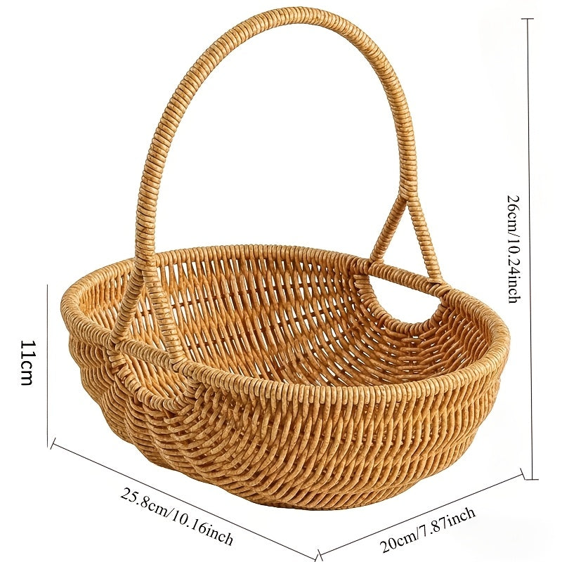 Handwoven Rattan Storage Basket with Carry Handle in Light Brown Medium Drain-Basket Format