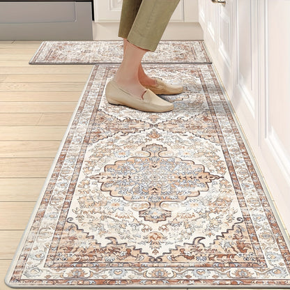 Kitchen Mat Set, 2-Piece Boho Distressed Cushioned Rugs in Five Color Patterns with 17.3x28 and 17.3x48-Inch Sizes