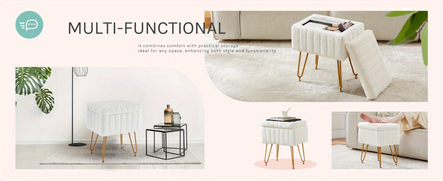 Faux Fur Storage Ottoman Stool, Furry Vanity Seat with Storage, 4 Metal Legs & Feet, Cute Modern Multi-Function Chair for Bedroom