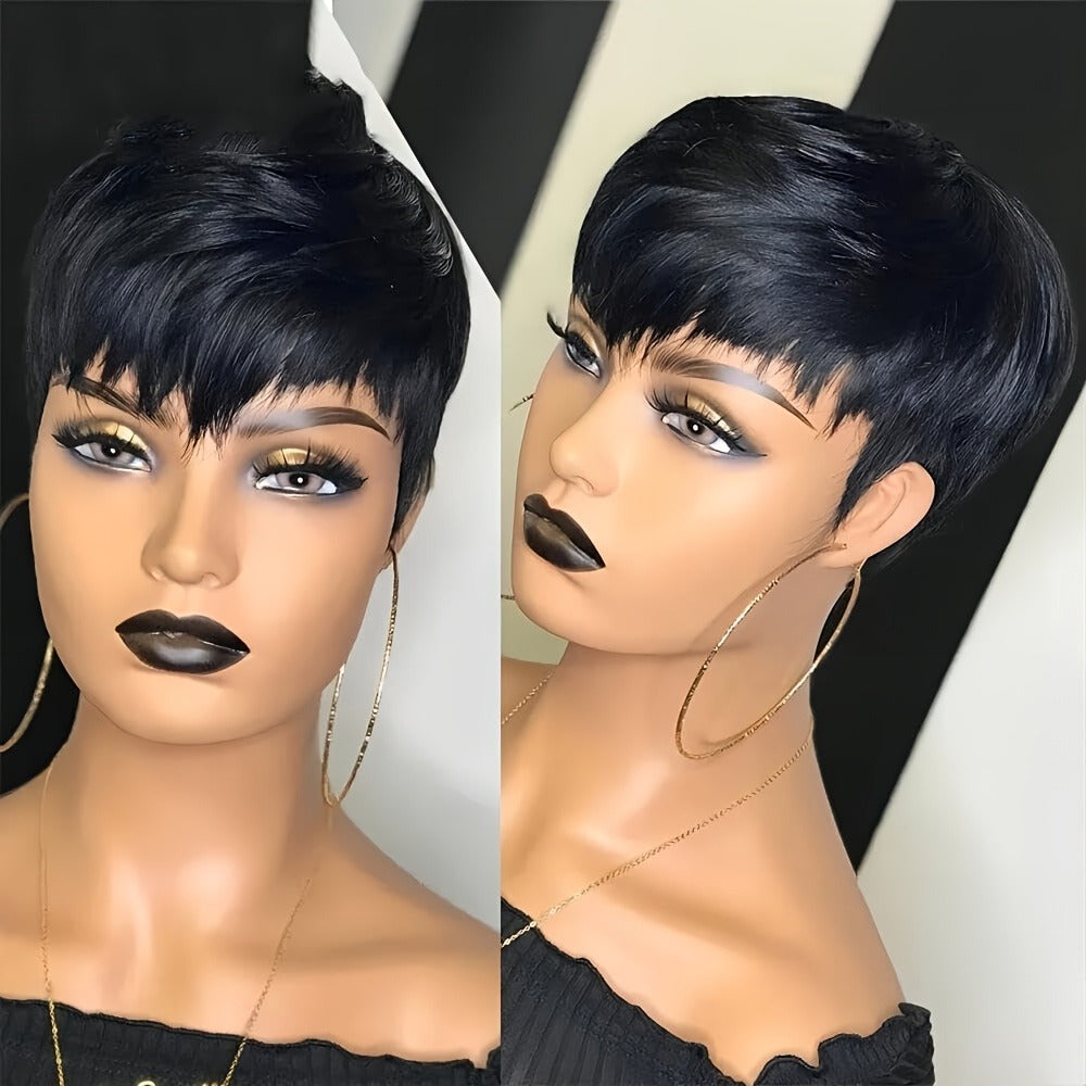 Brazilian Human Hair Pixie Cut Wig 150% Density Short Straight Machine Made Rose Net Cap Glueless Natural Black 4 Inch | Beginner Friendly