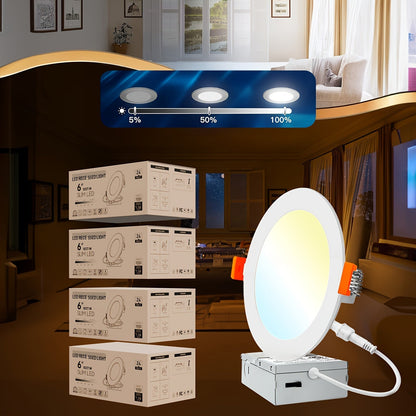 6 Inch LED Recessed Light 5CCT Selectable Dimmable – 12W 1050LM, 2700K-5000K, ETL Listed Slim Canless Downlight for Kitchen