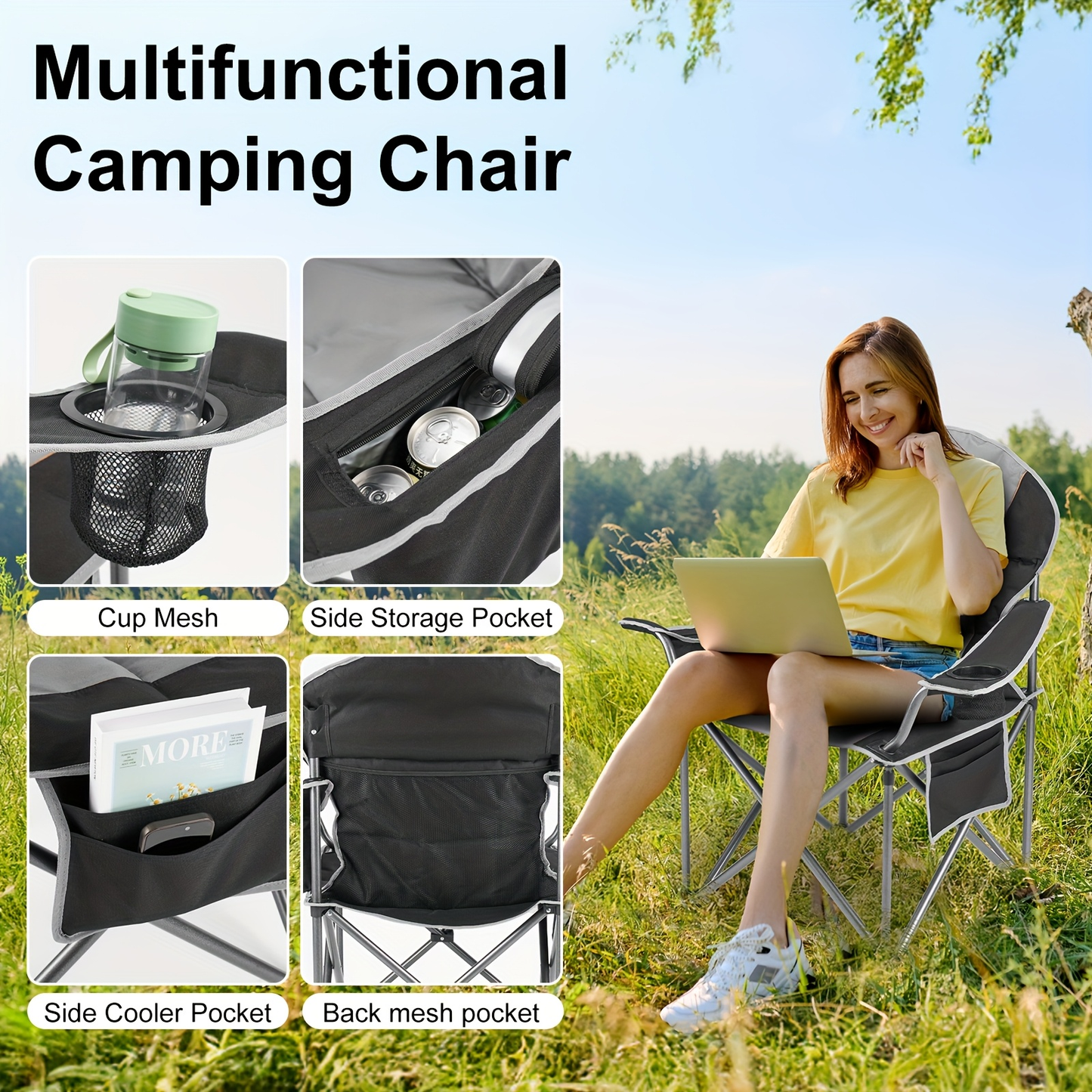 Heavy Duty Folding Camping Chair 600 Lbs Capacity – Padded Seat, Insulated Cooler Bag, Organizer Pockets & 2 Cup Holders for Camping, Beach