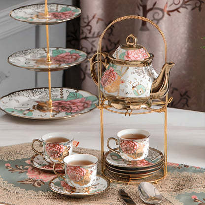 Floral Ceramic Tea Set 20 Pcs – European Porcelain Tea Cups & Saucers with Metal Holder & 15 Oz Teapot – Luxury Arabic Coffee Cup Set