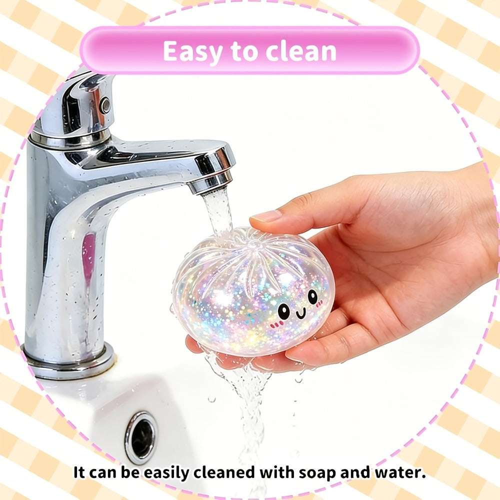 Three-Piece Random Glitter Dumpling Squishy Set with Stretchy Figures in Steamer-Style Containers