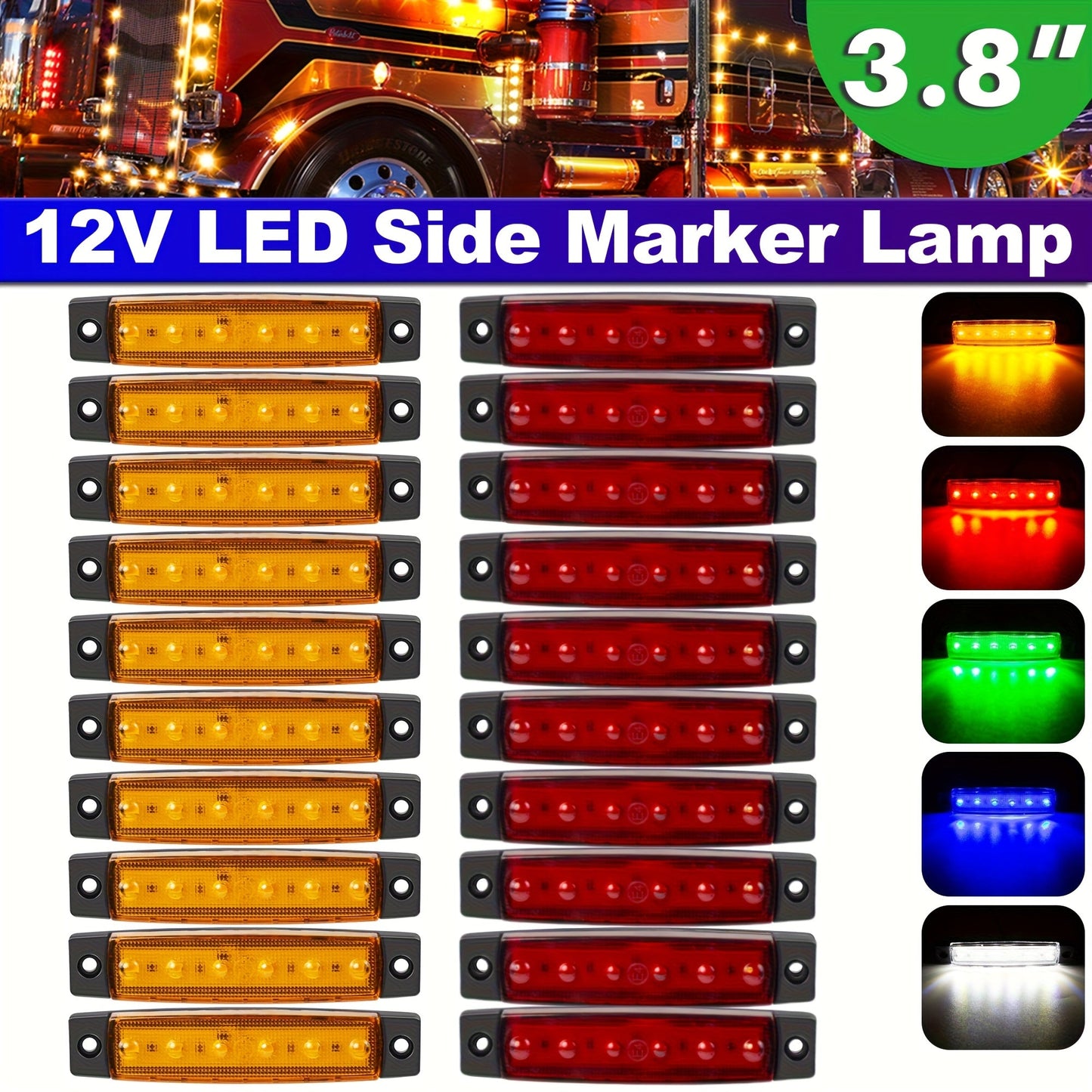 LED Side Marker Lights 20pcs 12V – 3.8" 6-LED Front Rear Indicator Lamps for Truck Trailer Lorry Bus Car | 10 Red & 10 Amber | High