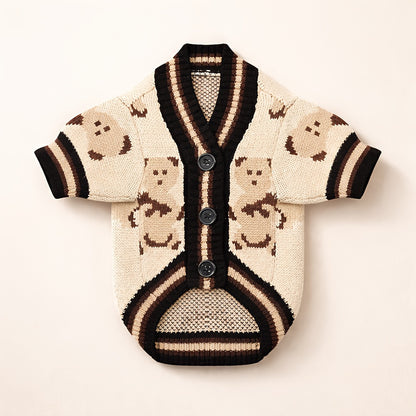 Dog Cardigan Sweater with Button Closure – Allover Bear Print Knitted Pet Clothes for Small Dogs, Soft Fleece-Lined Puppy Shirt