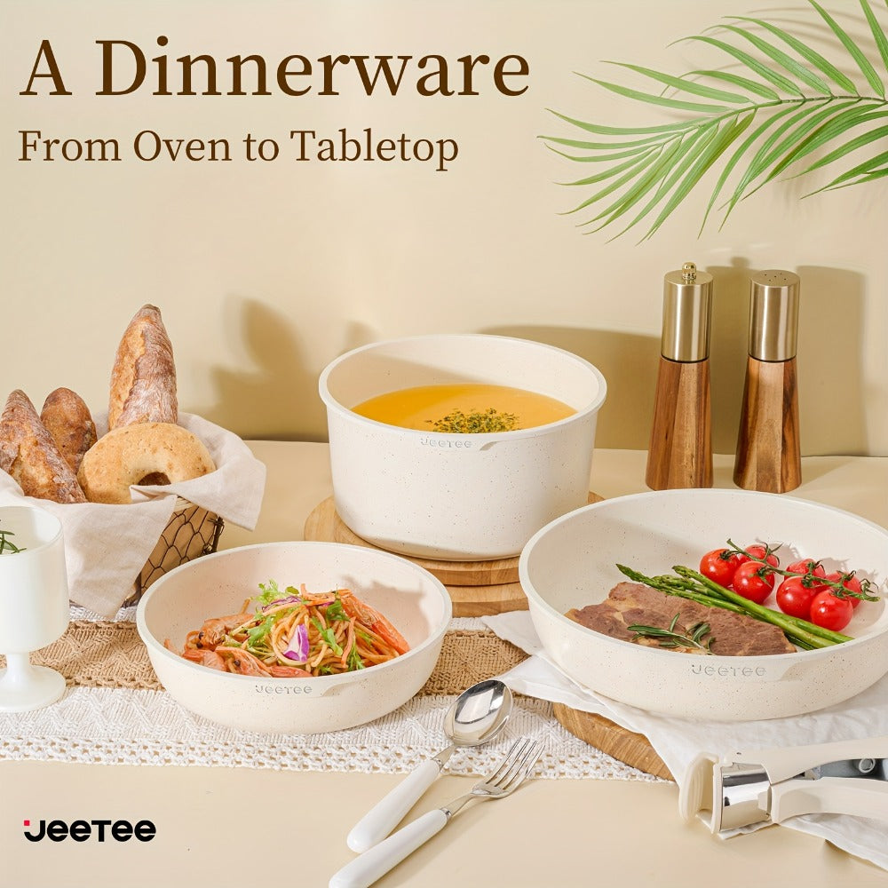 Cookware Set A Dinnerware 16- or 26-Piece Detachable-Handle Pots and Pans in Black or Beige for Compact Storage