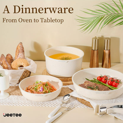 Cookware Set A Dinnerware 16- or 26-Piece Detachable-Handle Pots and Pans in Black or Beige for Compact Storage
