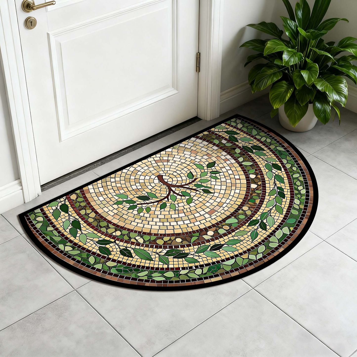 Non-Slip Bathroom Rug Semicircle Bath Mat, Crystal Velvet Soft Absorbent Floor Mat, Vintage Mosaic Vine Pattern