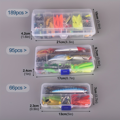Fishing Lures Kit 66 / 95 / 189 Pcs – Complete Tackle Bait Set for Freshwater & Saltwater Bass Trout Fishing