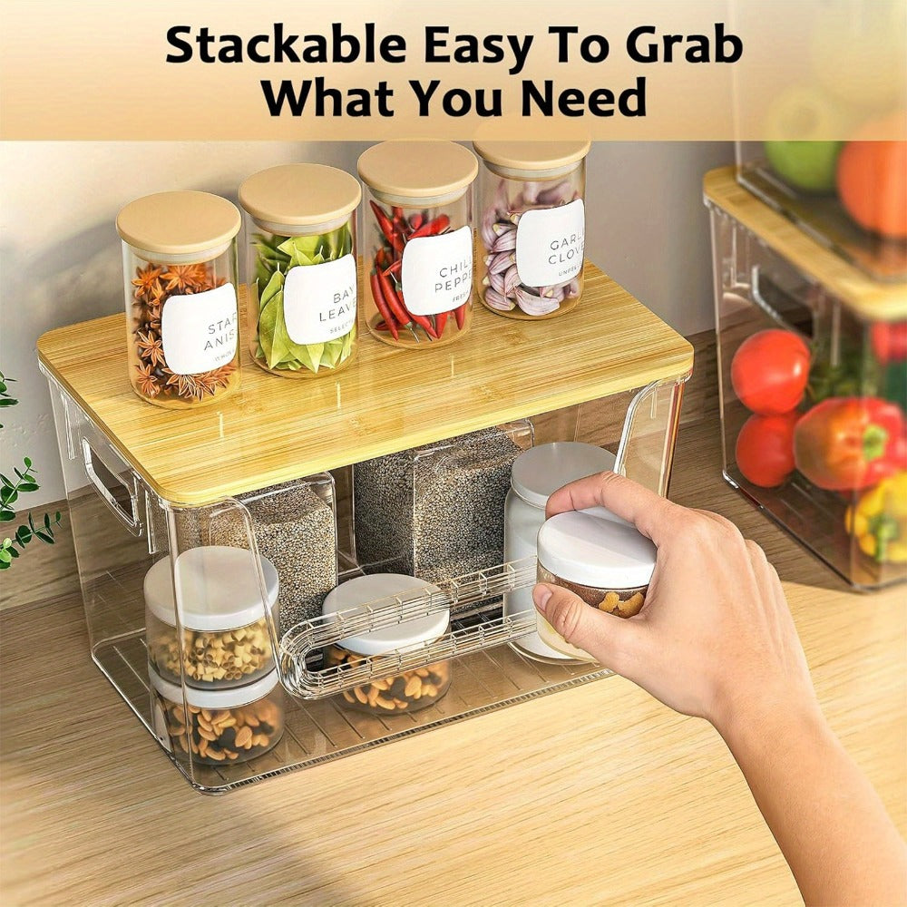 Two-Pack Clear Stackable Pantry Storage Bins with Bamboo Tops, Front Openings and Side Handles