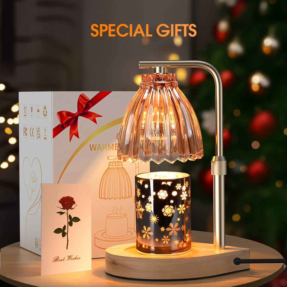 Gold Candle Warmer Lamp with Ribbed Glass Shade, Adjustable Height, Four Brightness Levels and 2/4/8-Hour Timer