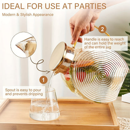 Round 84-Ounce Glass Pitcher with Concentric Texture, Side Handle and Golden or Gray Accent Lid