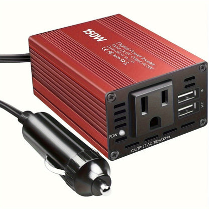 Red 150W Car Power Inverter with 12V DC Plug, 110V AC Outlet and Two USB-A Charging Ports for Vehicles