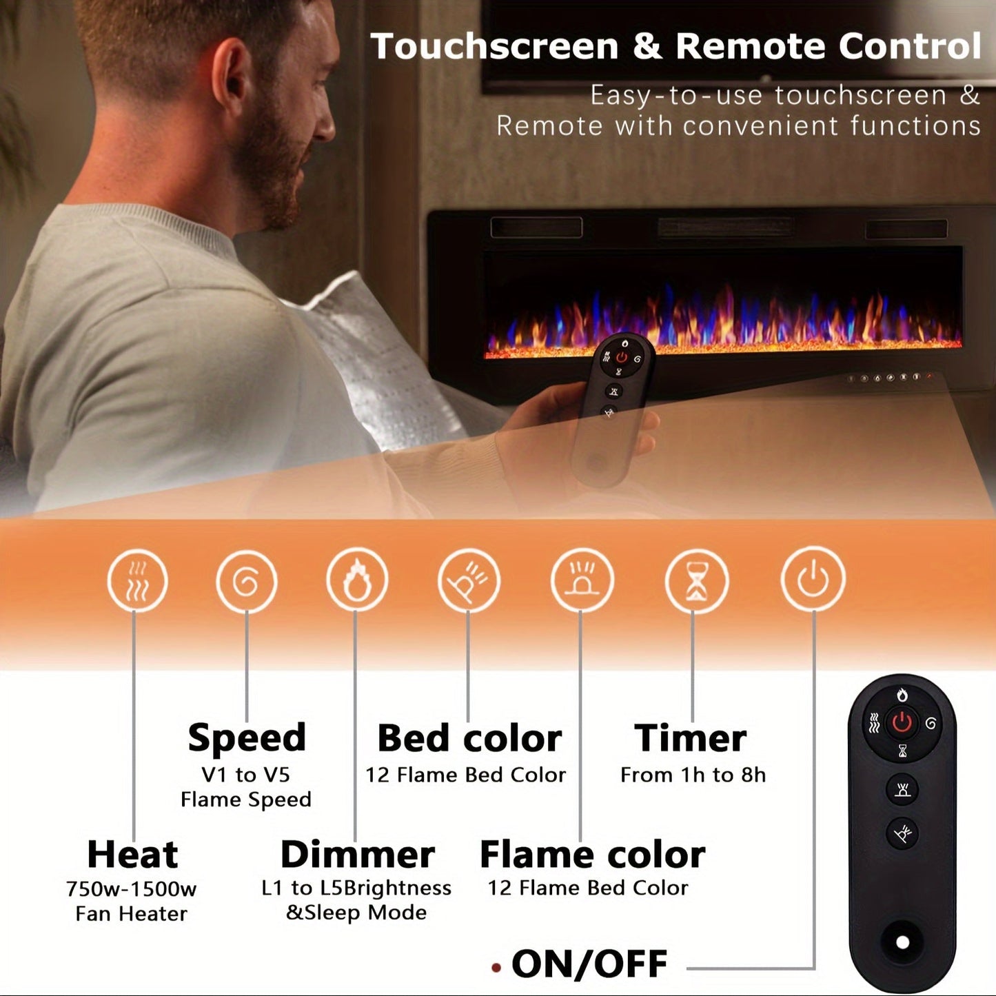 Wall Mounted Electric Fireplace Recessed In-Wall Linear Heater Multicolor Flame 750W/1500W Touch Screen for Garden, Patio and Yard Use