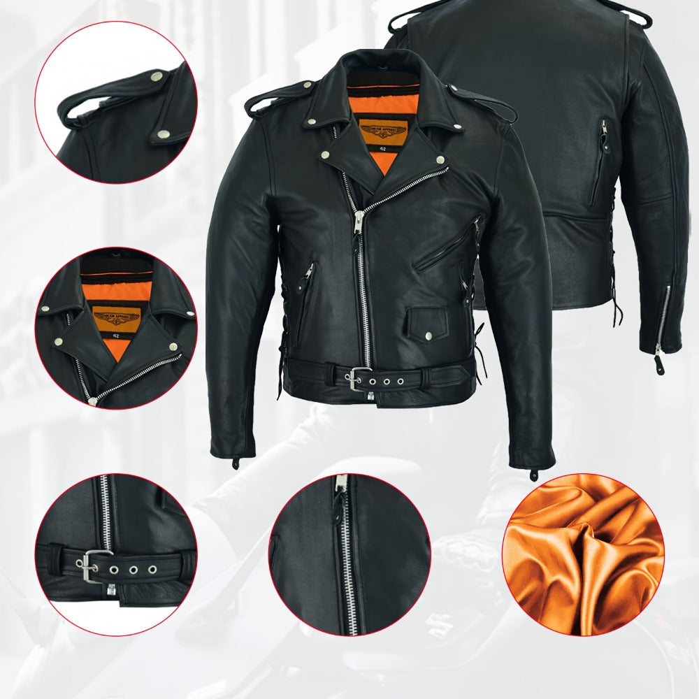 Motorcycle Leather Jacket Men – Heavy Duty Cowhide, Classic Black, Multiple Pockets, Adjustable Laces, Sizes S–XXXXL