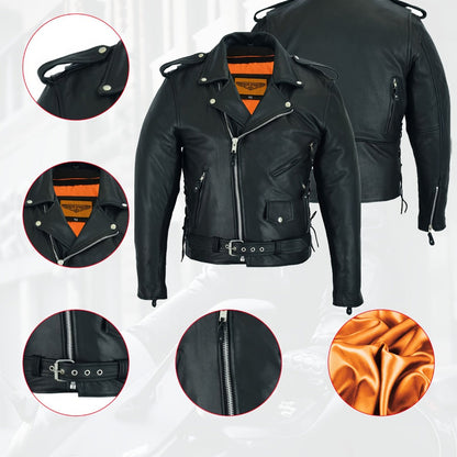 Motorcycle Leather Jacket Men – Heavy Duty Cowhide, Classic Black, Multiple Pockets, Adjustable Laces, Sizes S–XXXXL