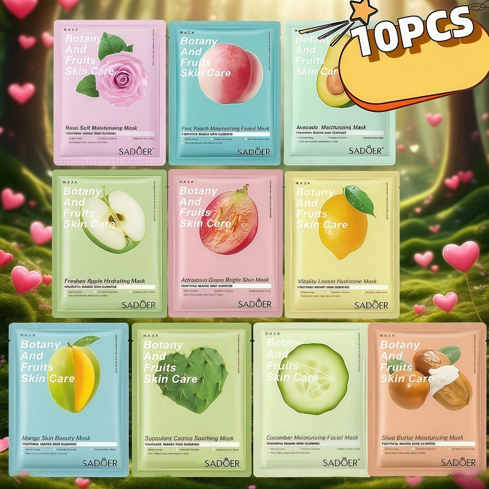 Ten-Piece SADOER Sheet Mask Assortment with Individually Packed Fruit and Rose Pouch Labels