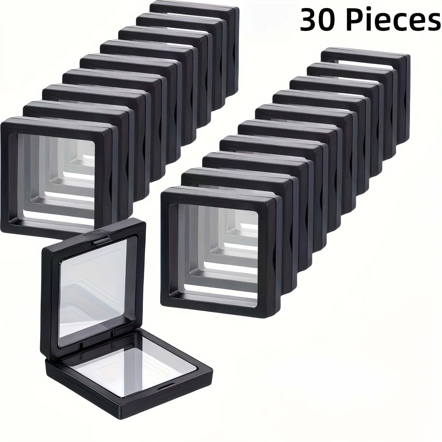 3D Floating Jewelry Display Box Set with Black Frames, Clear Flexible Panels and 30- or 60-Piece Options