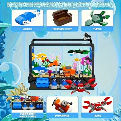 Ocean Fish Tank Building Blocks Set 501 Pcs LC8059 – LED Light Aquarium Model Whale Shark Sea Turtle Marine Life Desktop Decoration Night