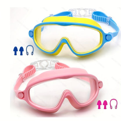 Two-Pack Clear-Lens Swim Goggles with Adjustable Side-Release Straps, Earplugs and Nose Clips