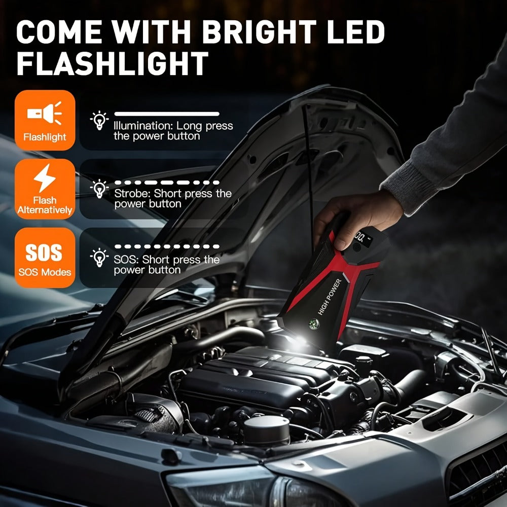 Portable Car Jump Starter with Tire Inflator – 3000A Peak 12V Battery Booster, USB Power Bank, LED Emergency Light