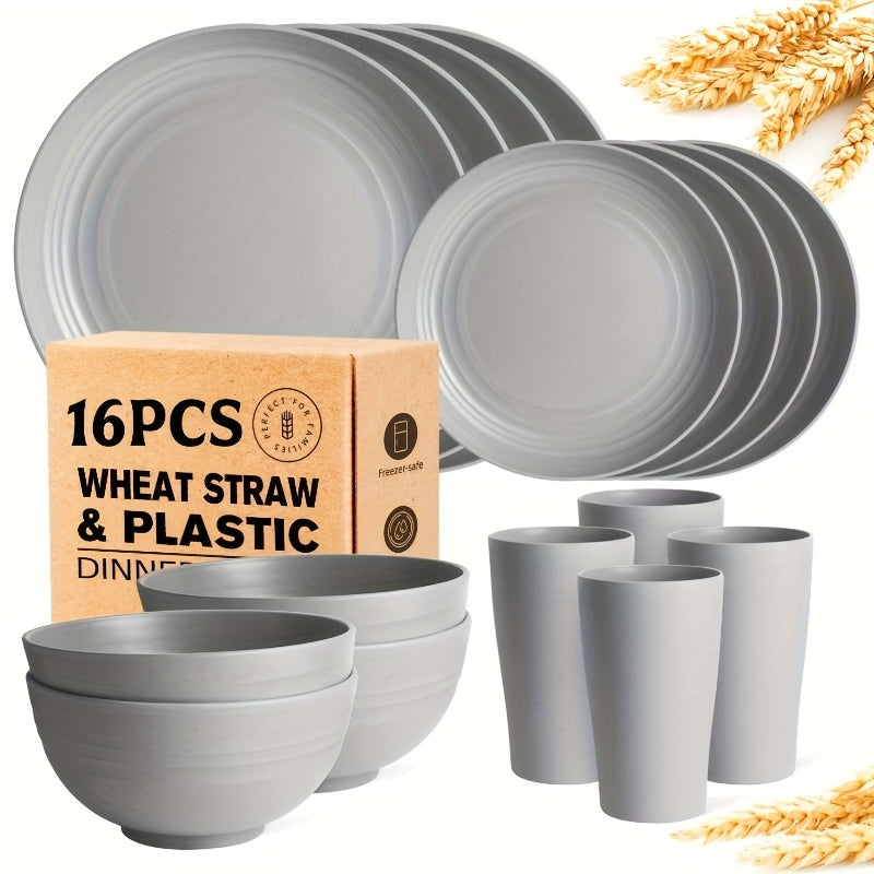 Wheat Straw Dinnerware Set 16 or 32 Piece – Plates & Bowls for 4 or 8 People, Microwave & Dishwasher Safe Plastic Dish Set