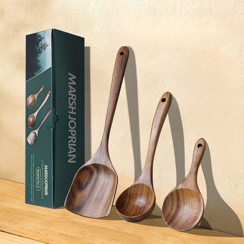 Kitchen Utensils by MARSHJOPRIAN, 3-Piece Teak Wood Spoon Set with Cooking Spoon, Rice Paddle and Polished Handles
