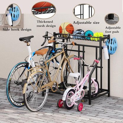 Freestanding Bike Storage Stand with Basket & Hooks, Adjustable Floor Rack for 3-4 Bikes, Indoor Outdoor Garage Organizer