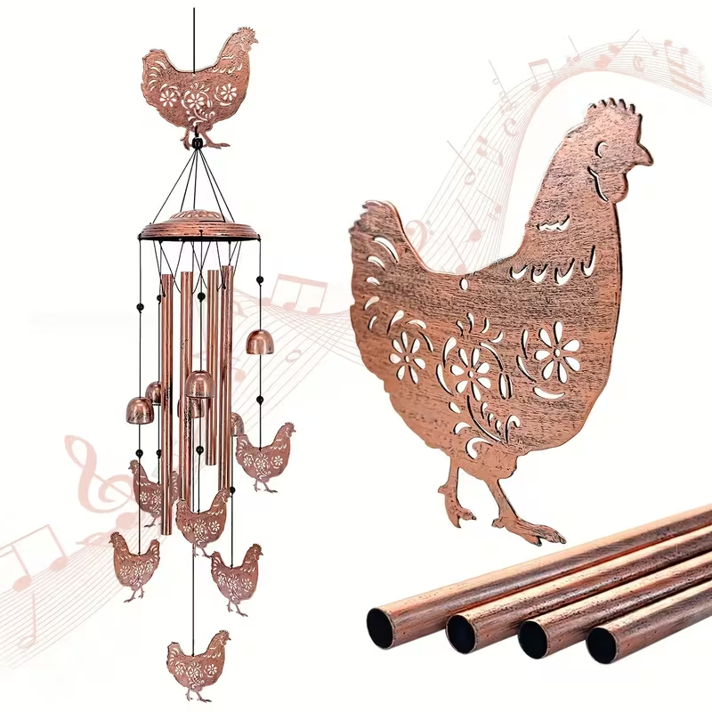 Wind Chime Outdoor Chicken Farmhouse Decor – Aluminum Tube Soothing Sound Garden Porch Patio Hanging Ornament