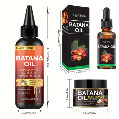 Three-Piece Batana Hair Care Kit with 3.38 oz Pointed Oil Bottle, Dropper and Cream Formats