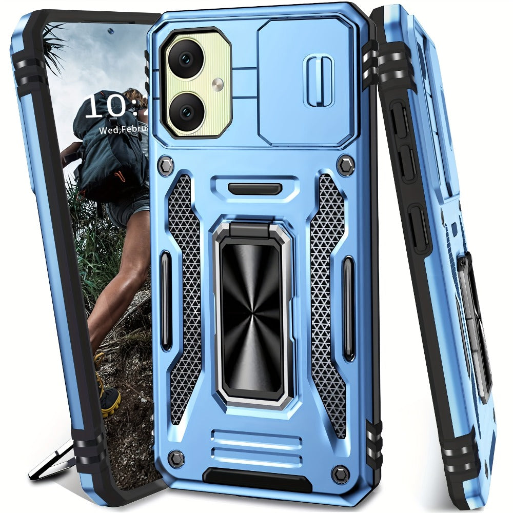 Samsung Galaxy Shockproof Magnetic Phone Case with 360° Rotating Ring Bracket & Sliding Lens Protector – Heavy Duty Cover for S24FE S23FE