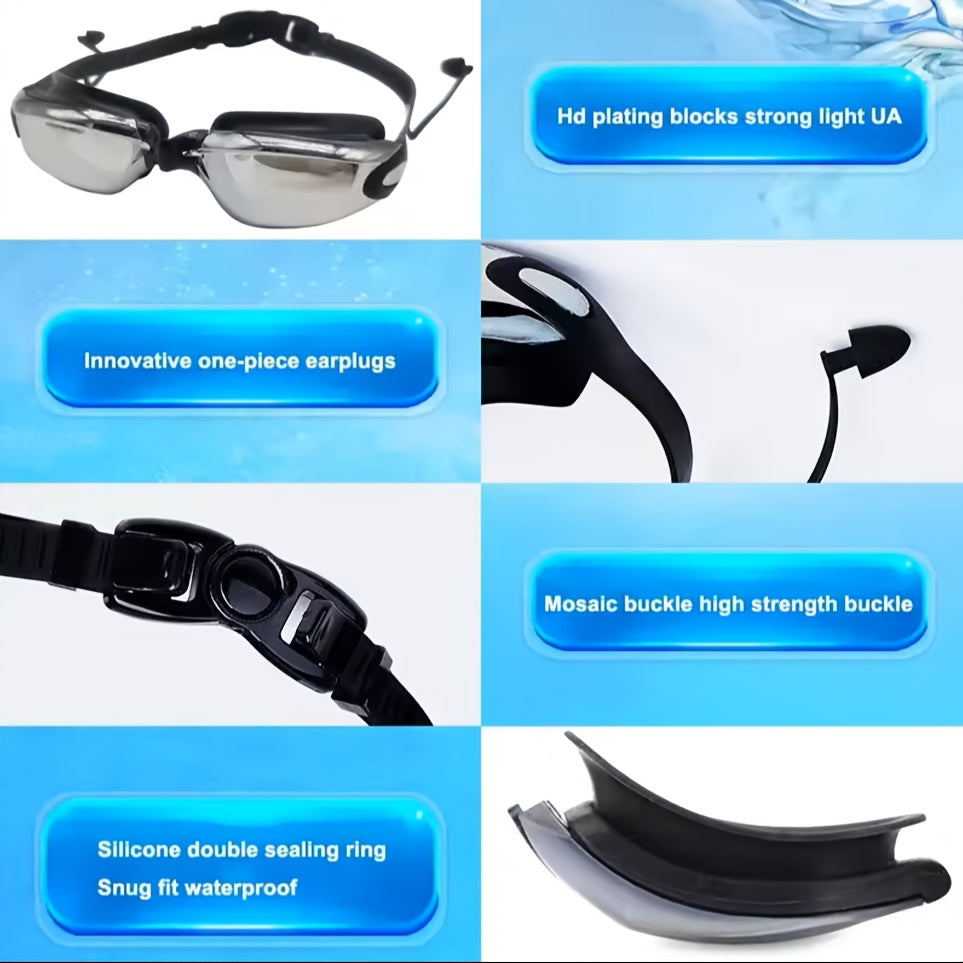 Anti-Fog Racing Swim Goggles Set 6-in-1 – HD UV Protection Silver Coated PC Lens, Waterproof PU Swim Cap, Nose Clip, Earplugs