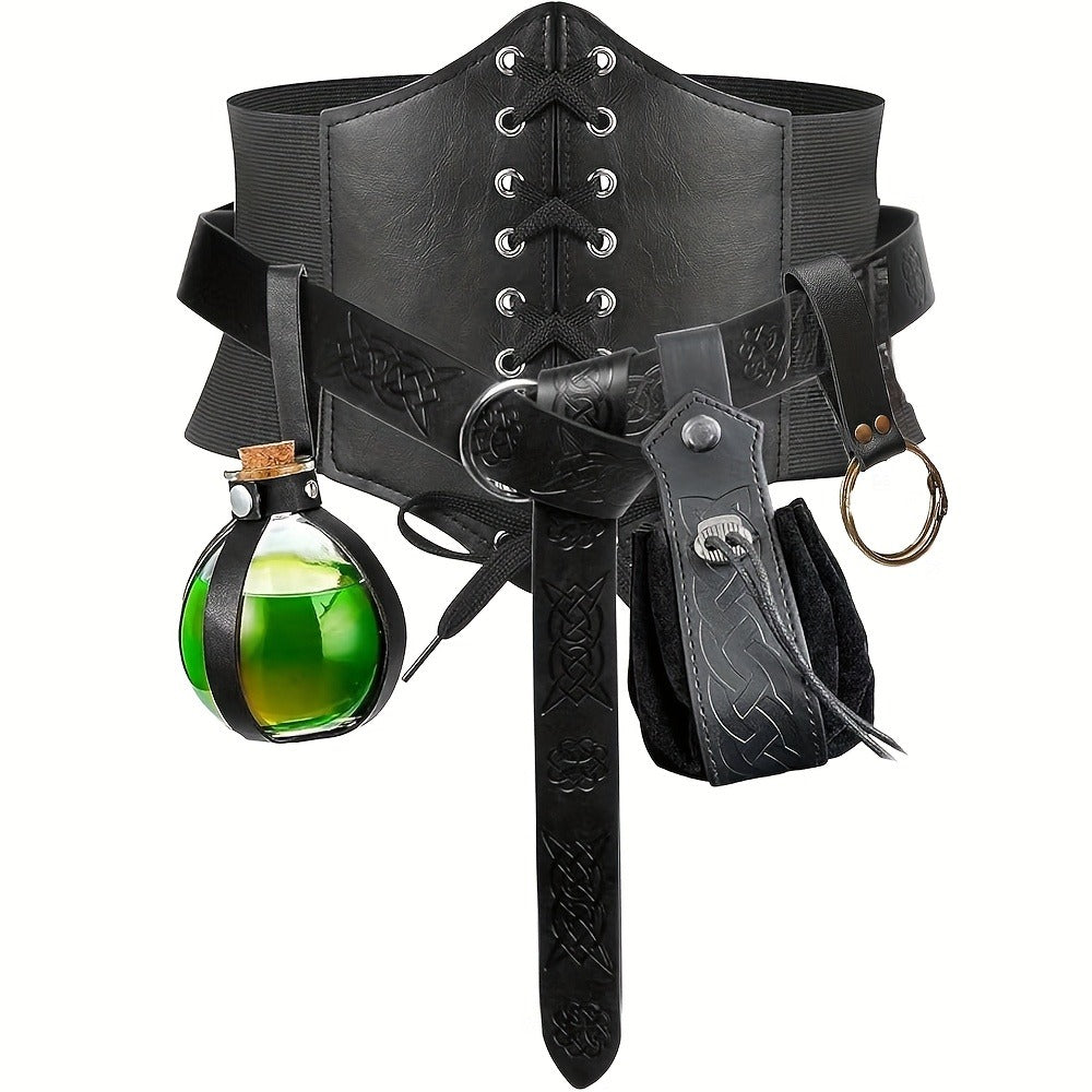 Medieval Costume Accessories Set 5-Piece, Corset Belt, Renaissance Belt Bag, Cork Potion Bottle & More for Halloween