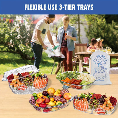 Appetizer Serving Tray with Ice Tray & Flip Lid, 15 Inch Round Chilled Condiment Serving Platter