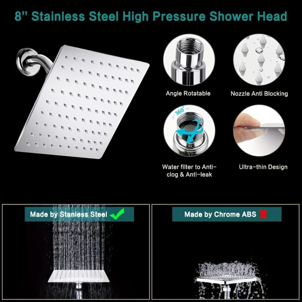 Rainfall Handheld Shower Combo 9-Setting, High Pressure 11" Extension Arm Leak-Proof Wall Mount 8 10 12 Inch Chrome Black
