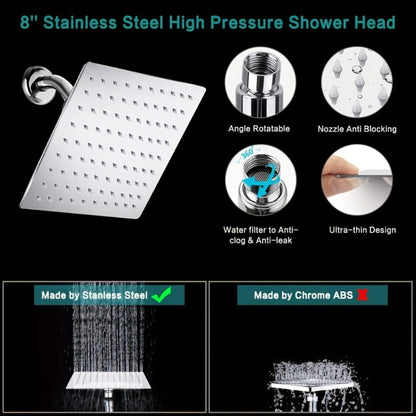Rainfall Handheld Shower Combo 9-Setting, High Pressure 11" Extension Arm Leak-Proof Wall Mount 8 10 12 Inch Chrome Black