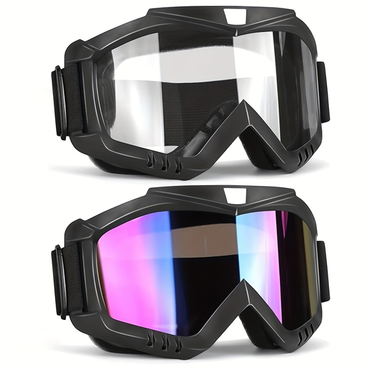Two-Piece Black-Frame Ski Goggle Sets in Three Colorful, Gray and Transparent Lens Pairings