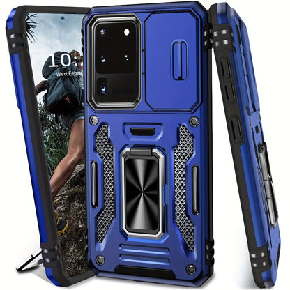 Samsung Galaxy Shockproof Magnetic Phone Case with 360° Rotating Ring Bracket & Sliding Lens Protector – Heavy Duty Cover for S24FE S23FE