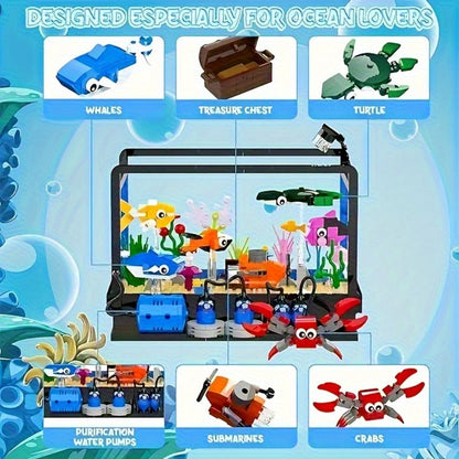 Ocean Fish Tank Building Blocks Set 501 Pcs LC8059 – LED Light Aquarium Model Whale Shark Sea Turtle Marine Life Desktop Decoration Night