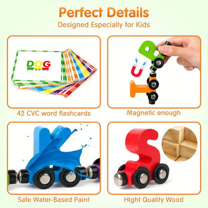 Magnetic Wooden Alphabet Train Set 27PCS ABC Letter Learning Toy with 42 Double-Sided Flash Cards
