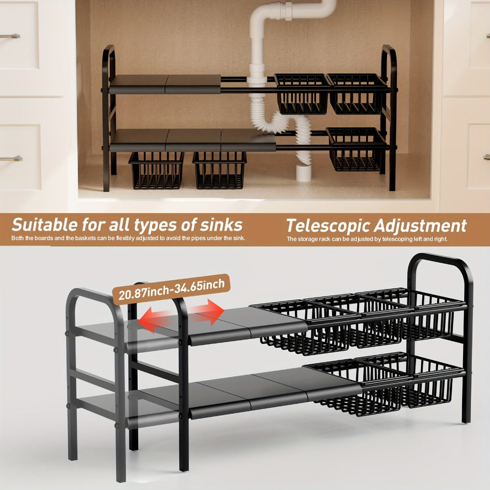 Expandable Under Sink Organizer 2-Tier Cabinet Shelf with 5 Removable Panels & 5 Baskets, Adjustable Under Sink Storage Rack for Kitchen