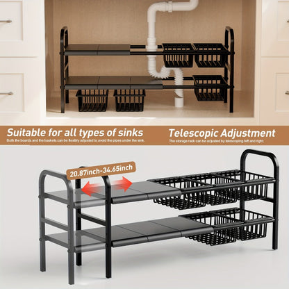 Expandable Under Sink Organizer 2-Tier Cabinet Shelf with 5 Removable Panels & 5 Baskets, Adjustable Under Sink Storage Rack for Kitchen