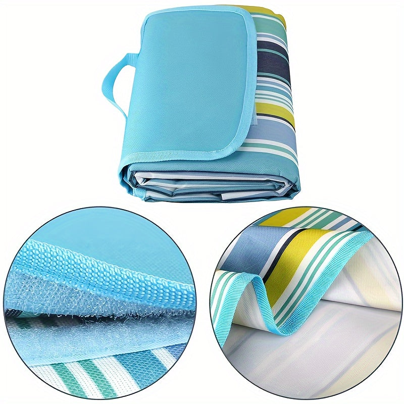 Blue Striped Picnic Blanket with Integrated Carry Flap, Top Handle and 78 x 60-Inch Pictured Size