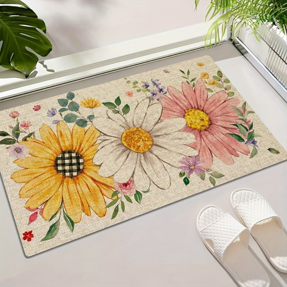 Sunflower Daisy Doormat Floral Welcome Mat Flannel Rug for Front Door Entryway Bathroom Kitchen, Spring Summer Seasonal Decor