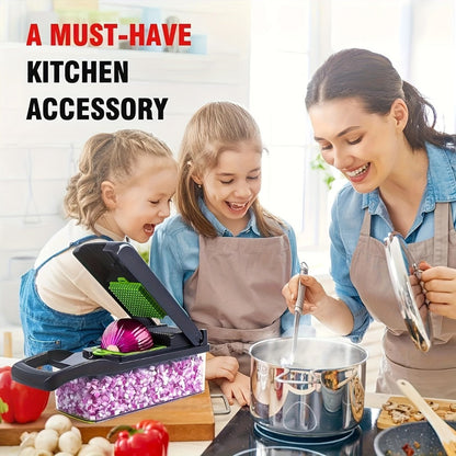 Vegetable Chopper 16-in-1 Manual Food Chopper Set, 8 Interchangeable Blades with Container, Grater & Strainer