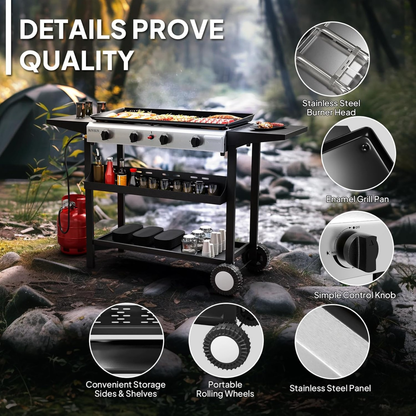 Flat Top Griddle Propane Tabletop 2 or 4 Burner, 20000 BTU Portable Gas Grill with Nonstick Enamel Tray