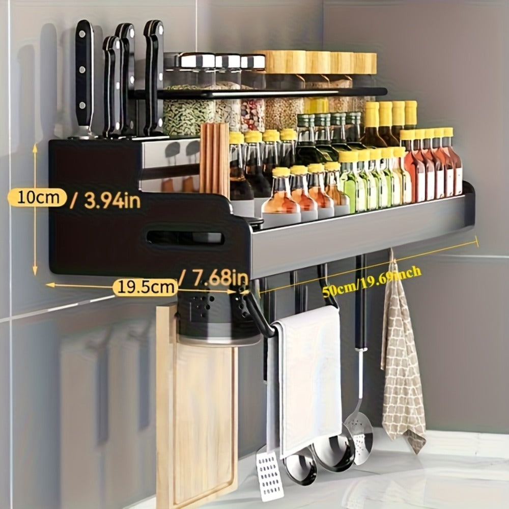Wall-Mounted Kitchen Organizer with Two Storage Tiers, Knife Slots, Chopstick Cup and Towel Bar