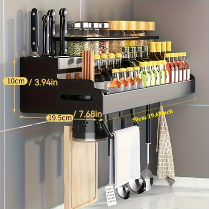 Wall-Mounted Kitchen Organizer with Two Storage Tiers, Knife Slots, Chopstick Cup and Towel Bar