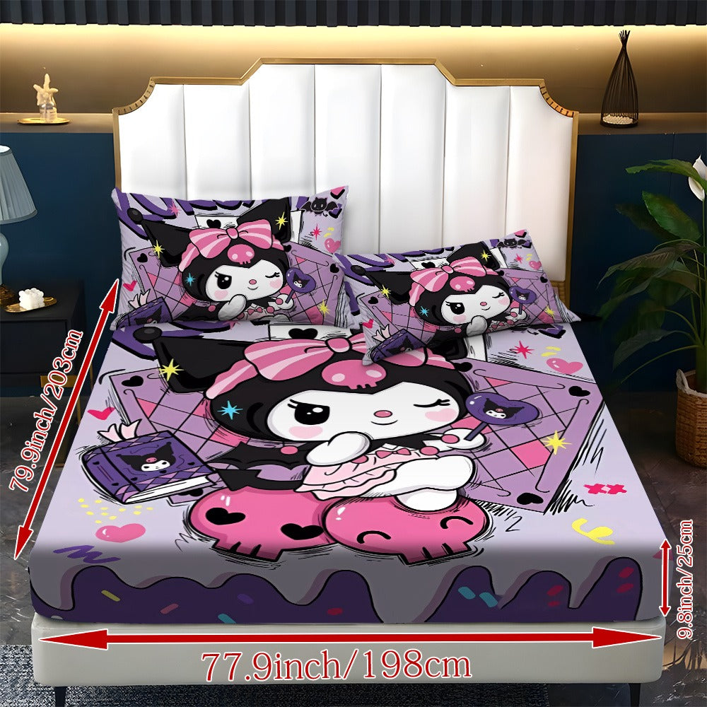 Sanrio Hello Kitty & Kuromi Bedding Set 3pcs, Fitted Sheet & Pillowcases, Polyester, Twin Full Queen King